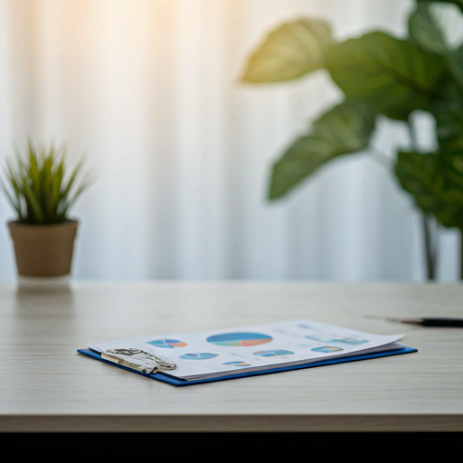 Modern professional desk with financial reports and clean aesthetics